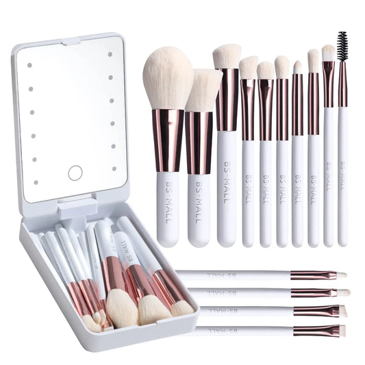 BS-MALL Travel Makeup Brush Set Foundation Powder Concealers Eye Shadows Makeup Set with LED light Mirror 14 Pcs (White)… White